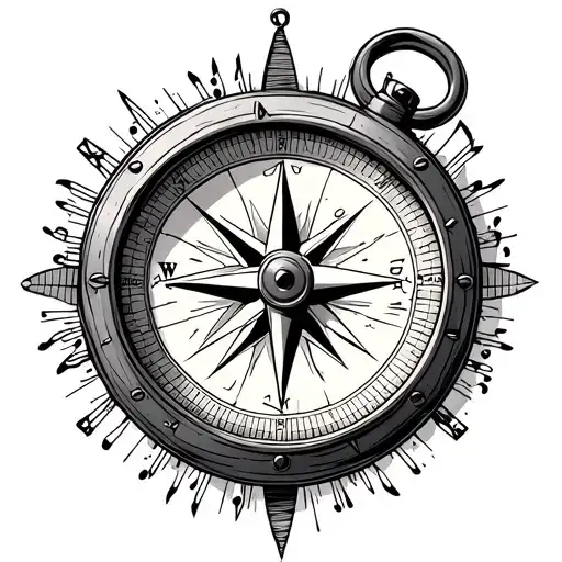 A Line Art Compass With Details Of Traveling And Music