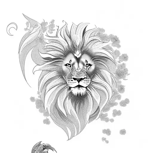 Lion With Phoenix And Cou Finish With Japenses Cherry Blossoms In The Background