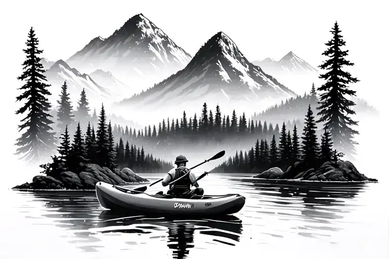 Kayak On A River Mountain Forrest Background Black