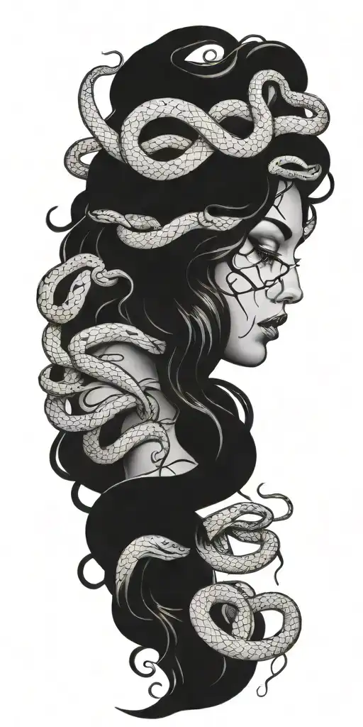 Medusa Crying With Snakes Surrounding Her In The Woods