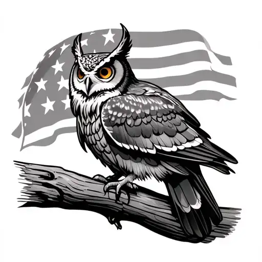 American Flag With American Bald Eagel Owl Goat