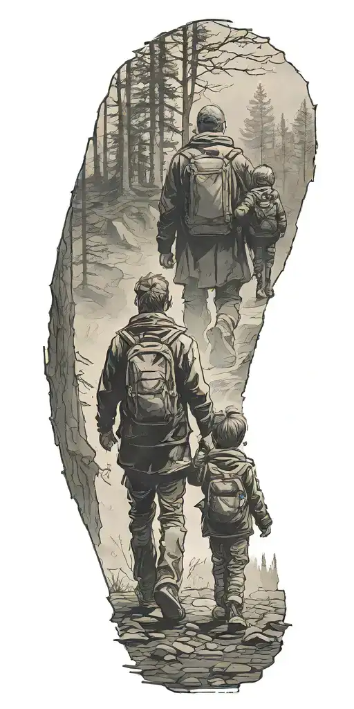 Siluette Offather And Two Kids Walking Info The Fog