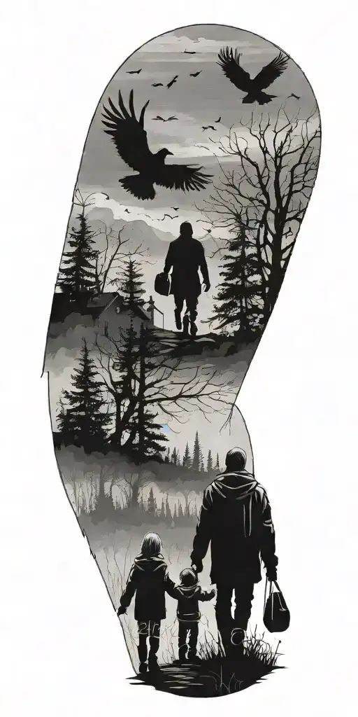Dark Siluette Off A Father And Two Kids Walking Info The Fog With Ravens Flying Above