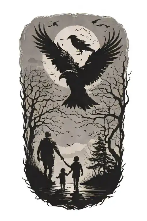Dark Siluette Off A Father And Two Kids Walking Info The Fog With Ravens Flying Above