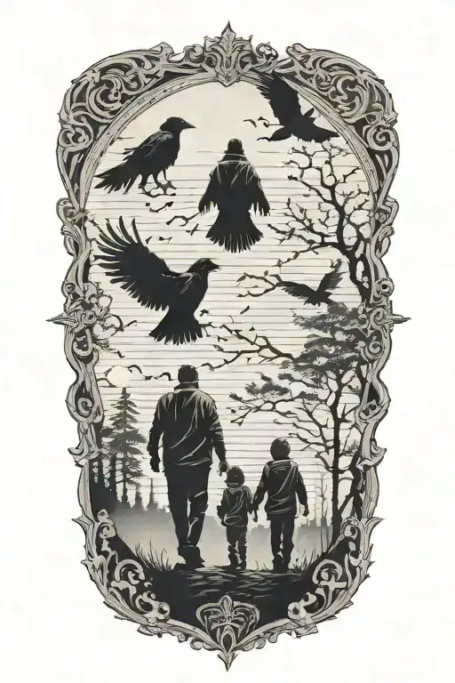 Dark Siluette Off A Father And Two Kids Walking Info The Fog With Ravens Flying Above