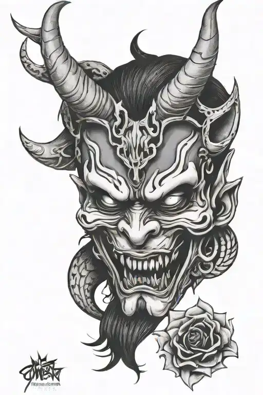Omerta Tattoo With Oni Mask On Sleeve
