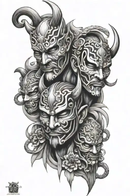 Omerta Tattoo With 3 Oni Masks On Sleeve