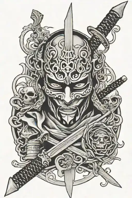 Omerta Tattoo With 3 Oni Mask Katana Stabbed