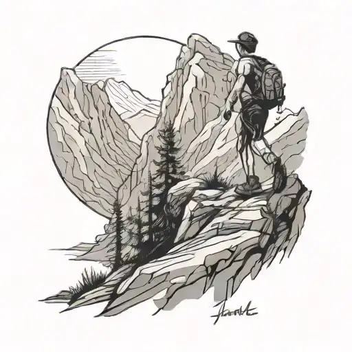 A Minimalist Black And Grey Tattoo Of A Trail Runner Conquering A Steep Mountain Peak