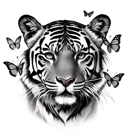 Female Tiger With Butterflies Surrounding Them