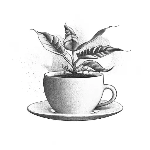 A Surrealistic Scene Of A Coffee Plant Growing Out Of A Coffee Cup