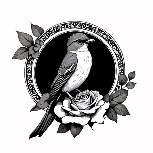 Robin Sat On A Rose Circle Outline