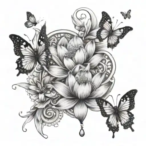 Quarter Sleeve With Lotus Flowers Lily Flower And Butterflies