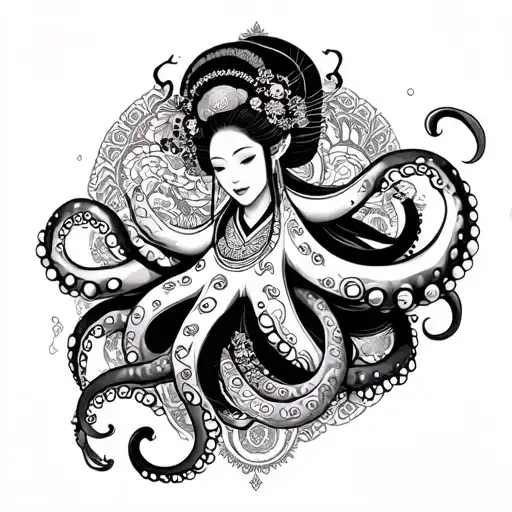 Octopus Attacking A Big Breasted Geisha Warriors Using Sorts And Mandala Background