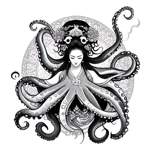 Octopus Attacking A Big Breasted Geisha Warriors Using Sorts And Mandala Background