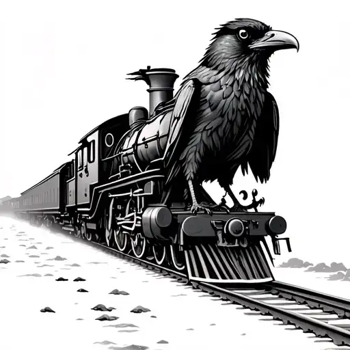 Raven On Steam Train Running Towards