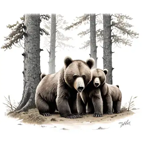 3 Bear Cubs With Father Amongst Tress