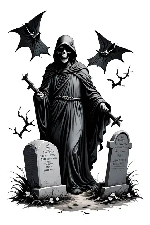 Graveyard Scene With Tombstones And Grim Reaper