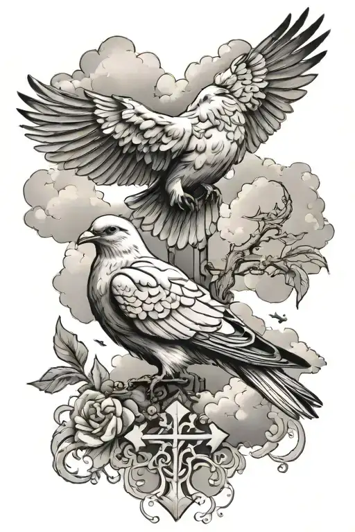 Dove And Raven With Cross In Clouds