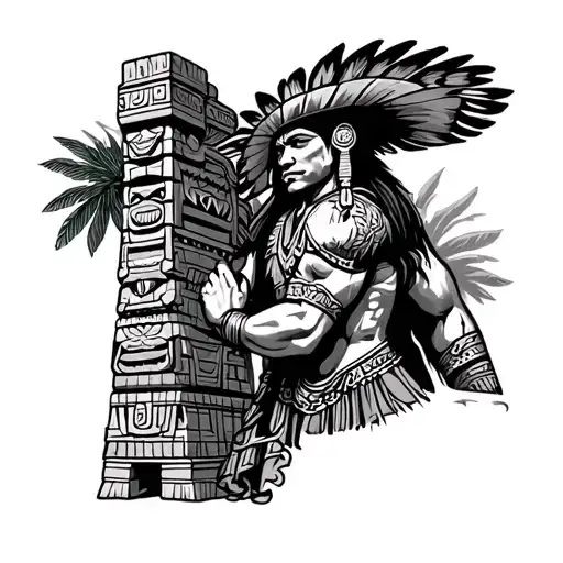 Mexican Warrior Next To A Totem And On The Backround A Mayan Temple Tattoo Desing
