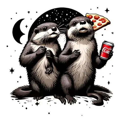 Otters In Space With A Pizza Slice And Diet Coke In Hand Cartoon With Moon And Stars Behind