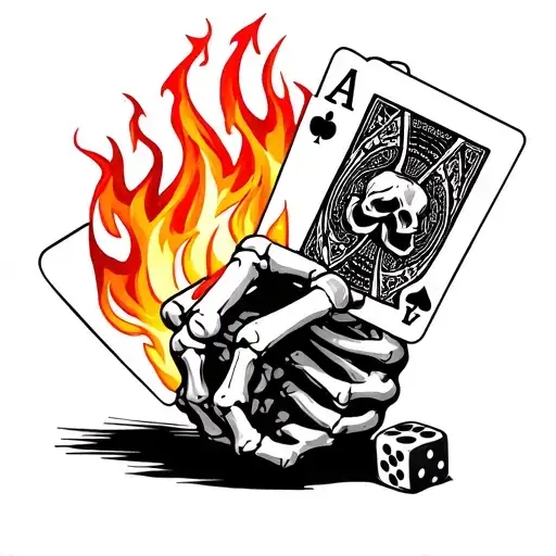Fire Fading Up Into Skeleton Hand Holding Double Aces With Dice