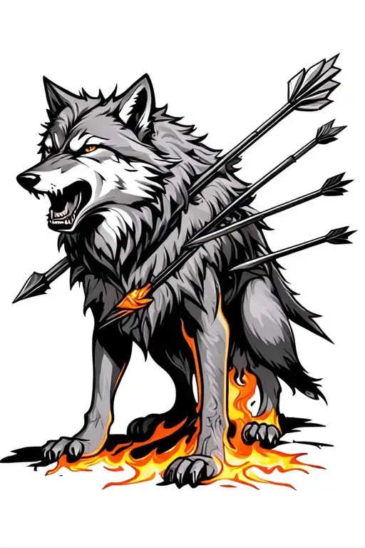 Full Body Of An Enraged Wolf With Arrows Stickings From Its Neck And Flames Below Its Paws