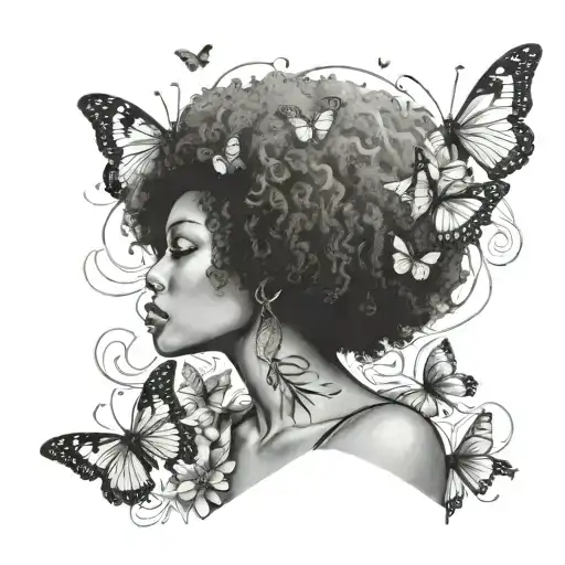 Facelss Woman With Afro To Chest That Turns Into A Waterfall With Butterflies