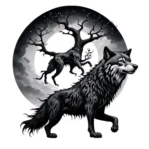 Tree Of Yggdrasil And A Wolf