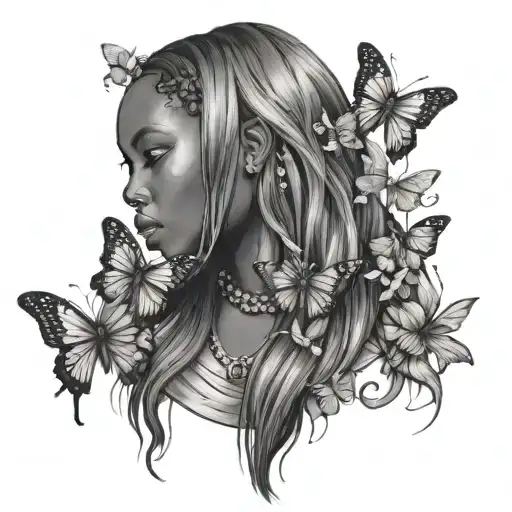 African Woman With Long Hair That Turns Into Waterfall With Butterflies