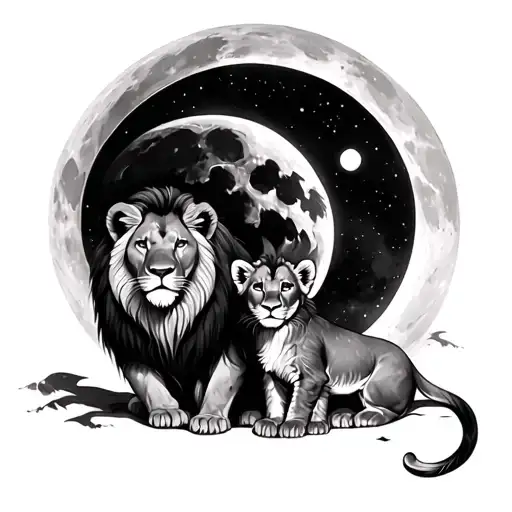 Lion And Lion Cub In Front Of A Moon