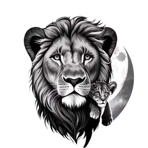 Lion And Lion Cub In Front Of A Moon