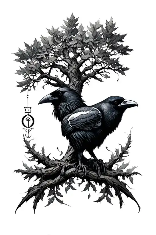 Raven In The Middle Of The Vegvisor Hold The Eihwaz-yew Tree Symbol