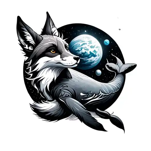 Ninetail Fox With Planet In Universe And Whale
