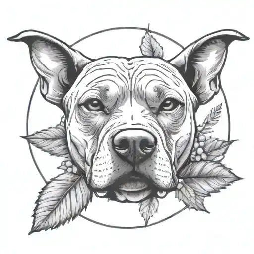 Pitt Bull Face Inside A Circle With Holly Flowers Beneath Its Face