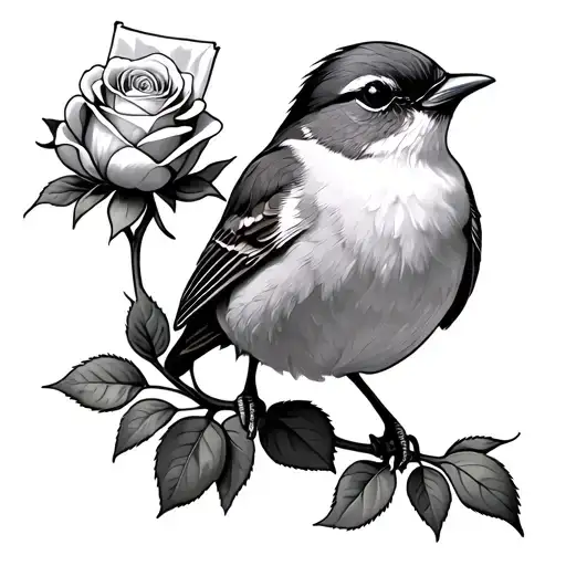 Robin Perched On The Stem Of A Rose Holding A Small Square Of Fabric In Its Beak