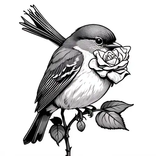 Robin Perched On The Stem Of A Rose Holding A Small Square Of Fabric In It The Robins Beak