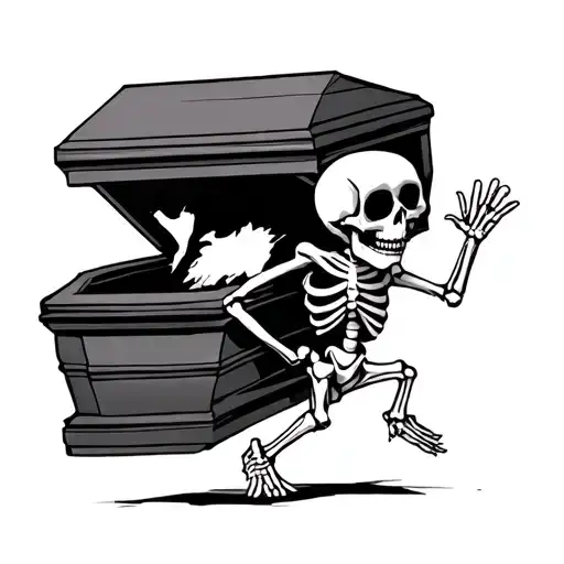 A Happy Dancing Skeleton Holding A Coffin