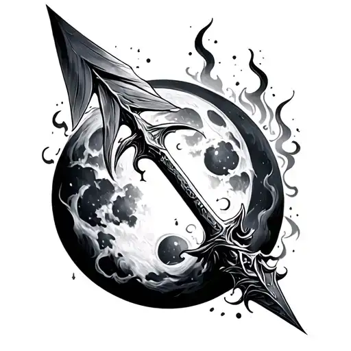 Spear Piercing Thru Moon With Mist In All Black