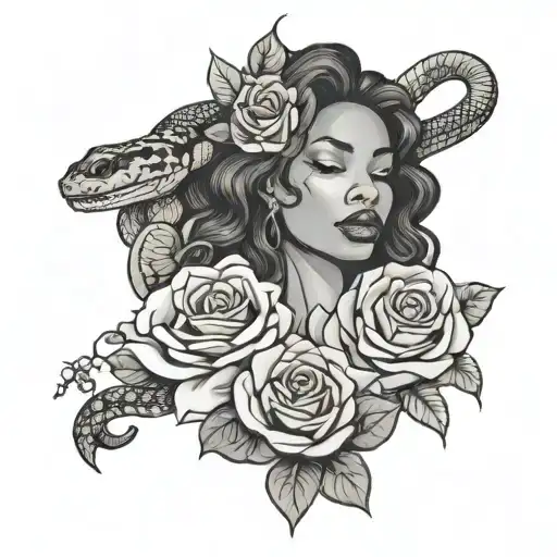 Black Woman Stabbing A Snake Slithering Inbetween 3 Roses