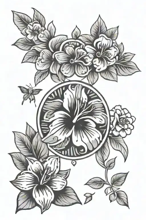 Fine Line Hawaiian Family Symbol With Birth Flowers