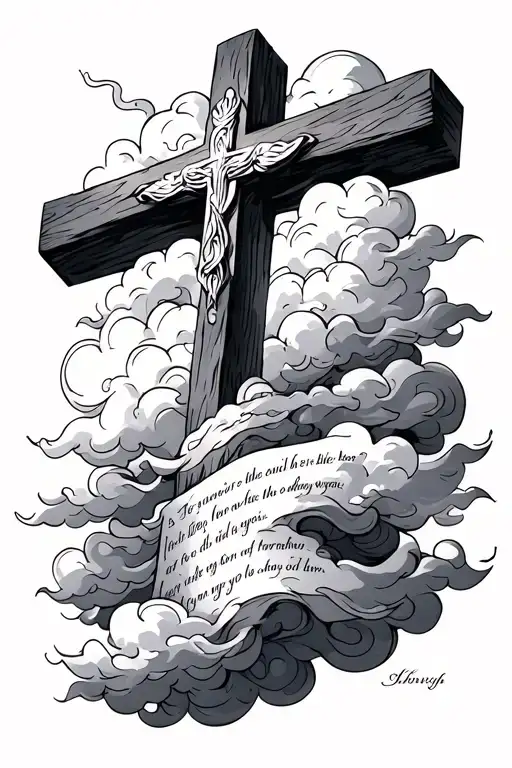 Christian Cross With Clouds And Bible Verse