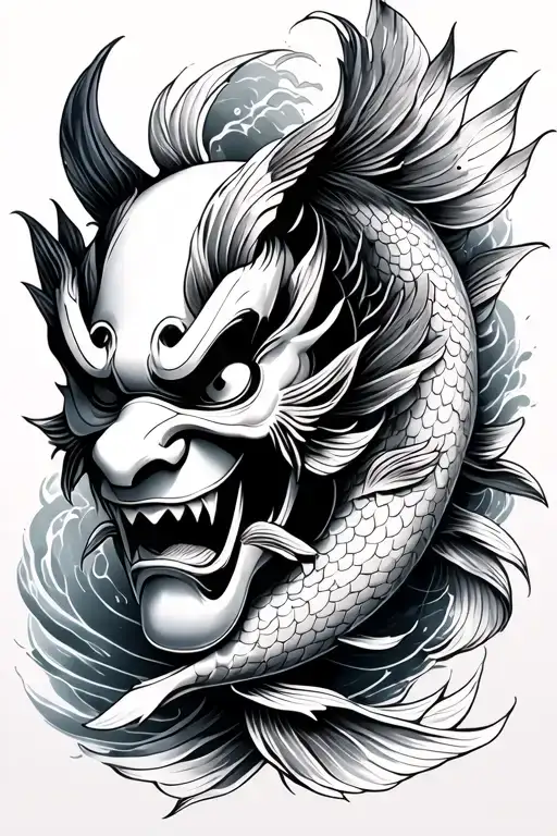 Oni Masks With Koi Fish Swimming Gracefully