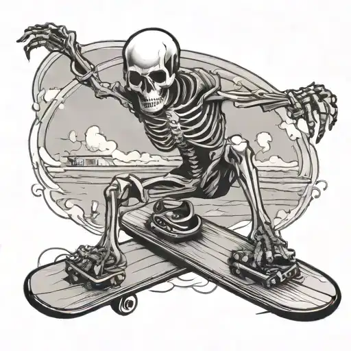 A Skeleton Skateboarding On A Beach Boardwalk