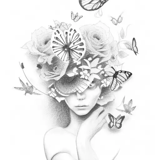 A Black And Grey Sketch Of A Lawnmower Surrounded By Flowers And Butterflies