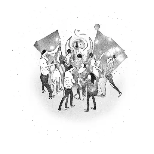 A Group Of Friends Partying Under Neon Lights And Dancing