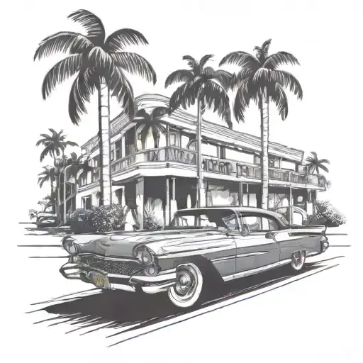 A Black-grey Design Of A Vintage Car Cruising Down A Miami Street Lined With Palm Trees