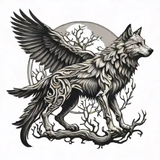 Wolf And Raven With Thorn-branch Background And Incorporating Wyrd