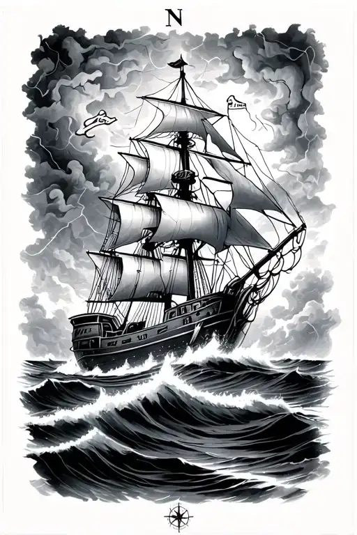 Nautical Map Compass Rope Ship Sailing Through Stormy Weather Soldier