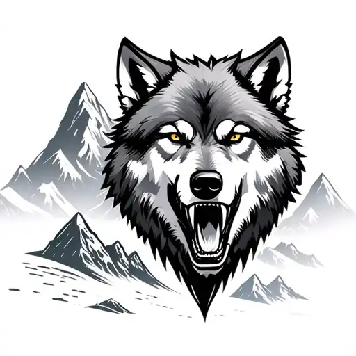 Growling Wolf And Mountains